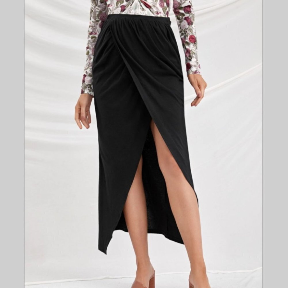 NWT Maternity skirt black long elastic waist wrap work occasional with split